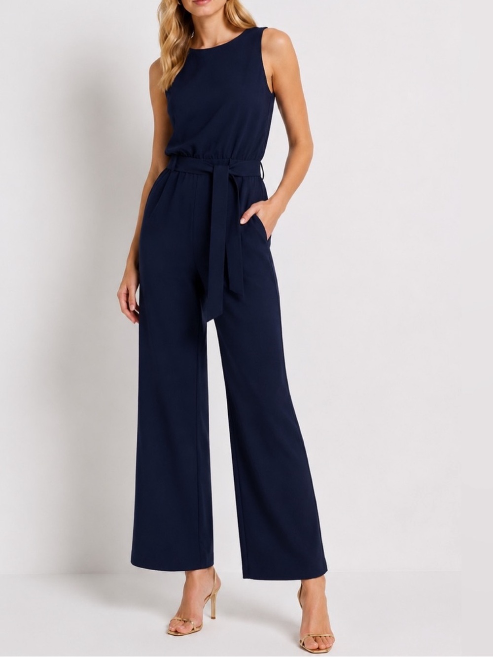 Antonio Melani Linen Blend Adelaide Tie Waist Jumpsuit, Dark Navy Blue – Size 2